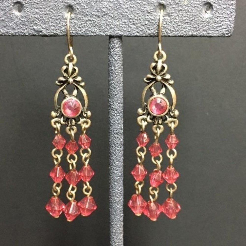 Triple Dangle Pink Earrings Rhinestone Silver Chain Faceted Pierced Hook Barbie